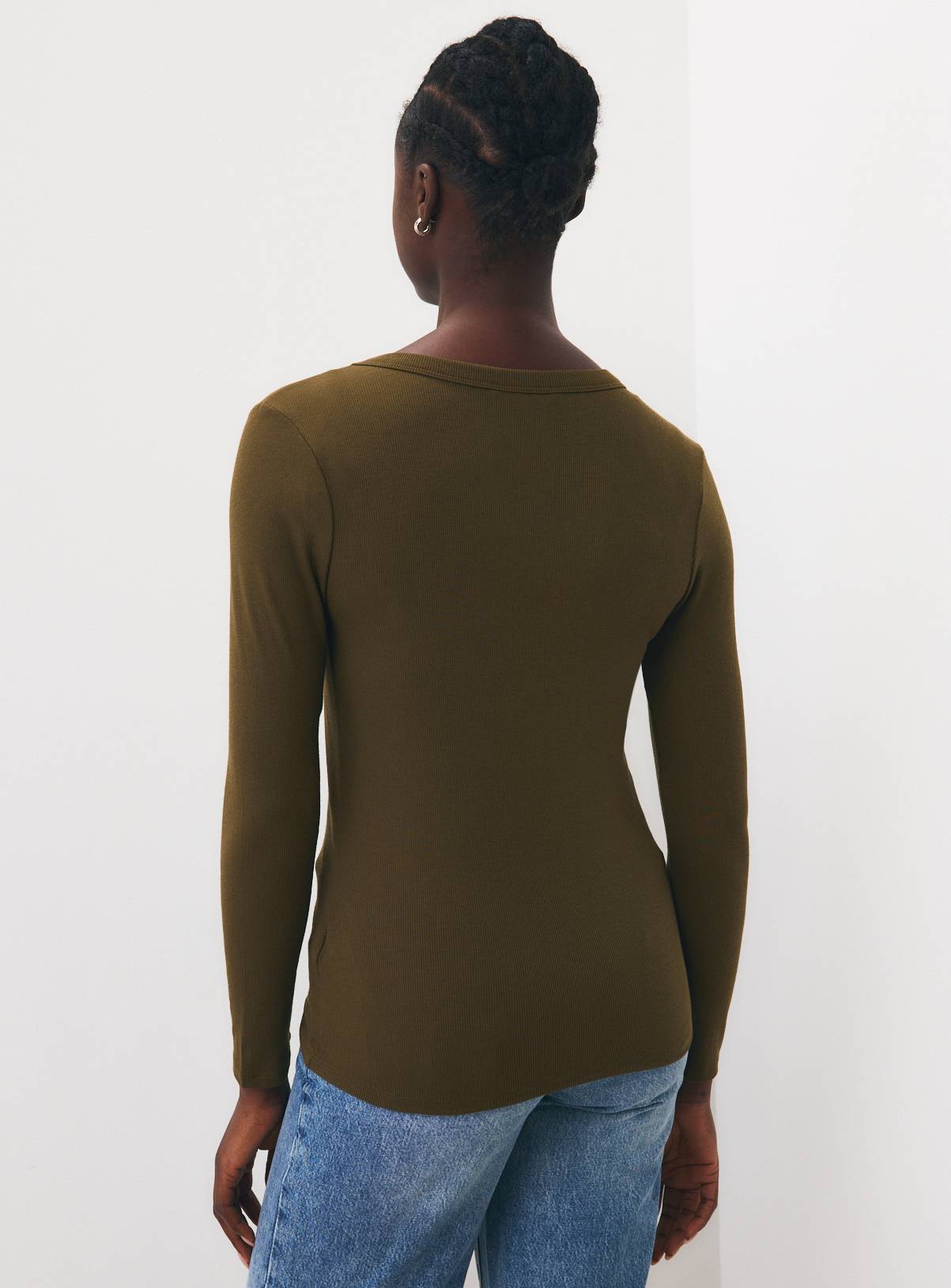 Dark Green Deep V-Neck Ribbed Long Sleeve Top 22 - Image 3